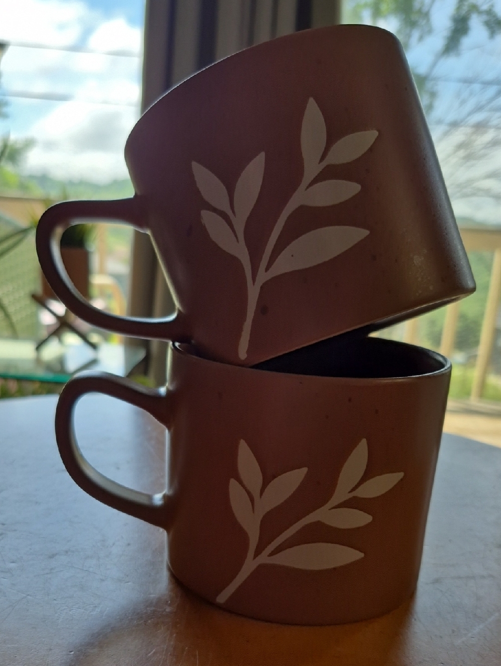 Earth Tone 20 oz. Ceramic Mugs with Leaf Motif  & Splatter Accent. Set of 2